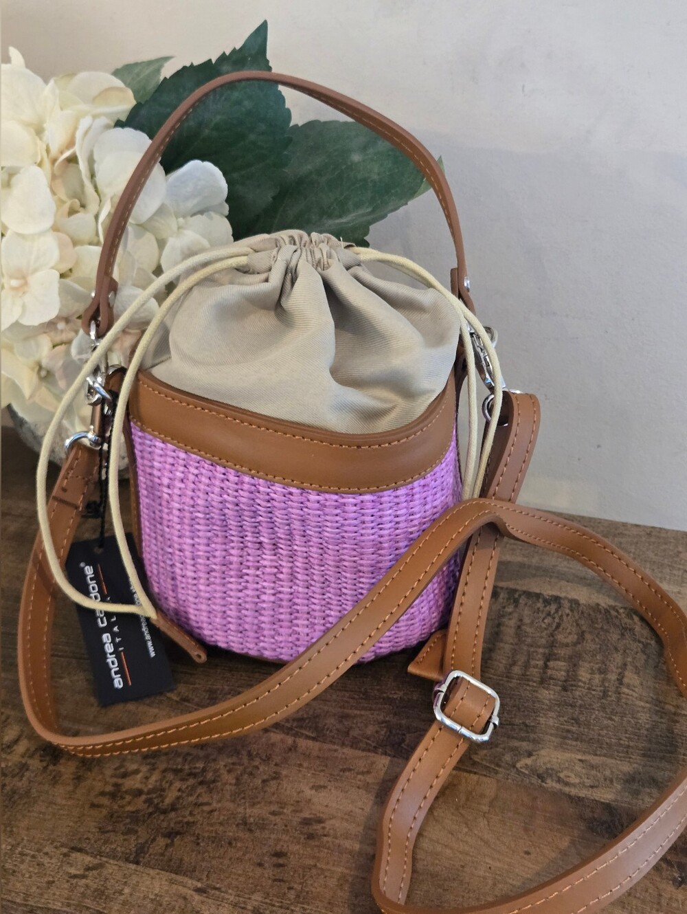 ANDREA CARDONE ITALIA WOVEN STRAW BUCKET BAG FULL LINING DRAWSTRING DETACH STRAP